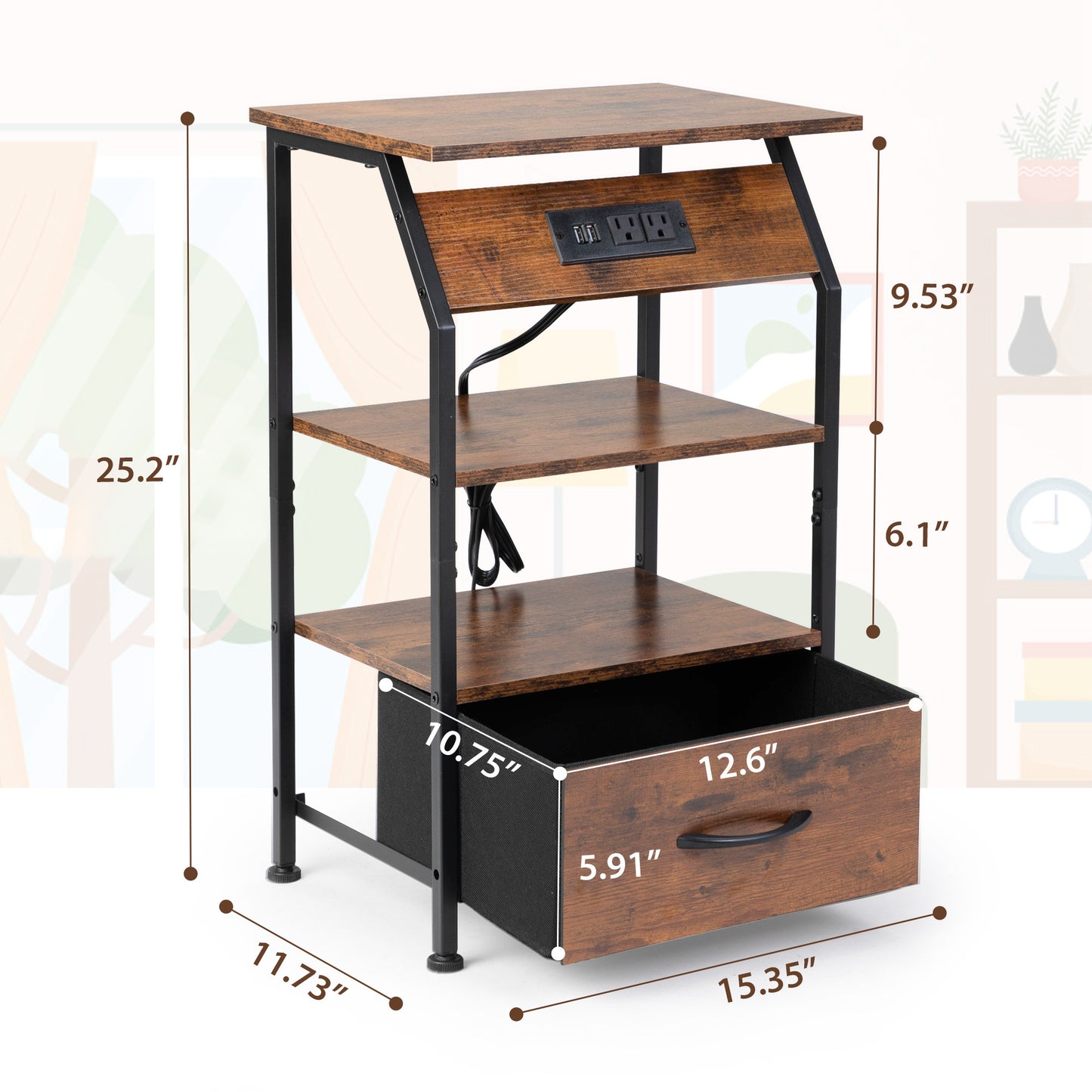 Set of 2 Nightstands with Charging Station, Bed Side Table with Non-woven Drawers, Shelves for Bedroom Living Room, End Table with USB Outlets, Rustic Brown