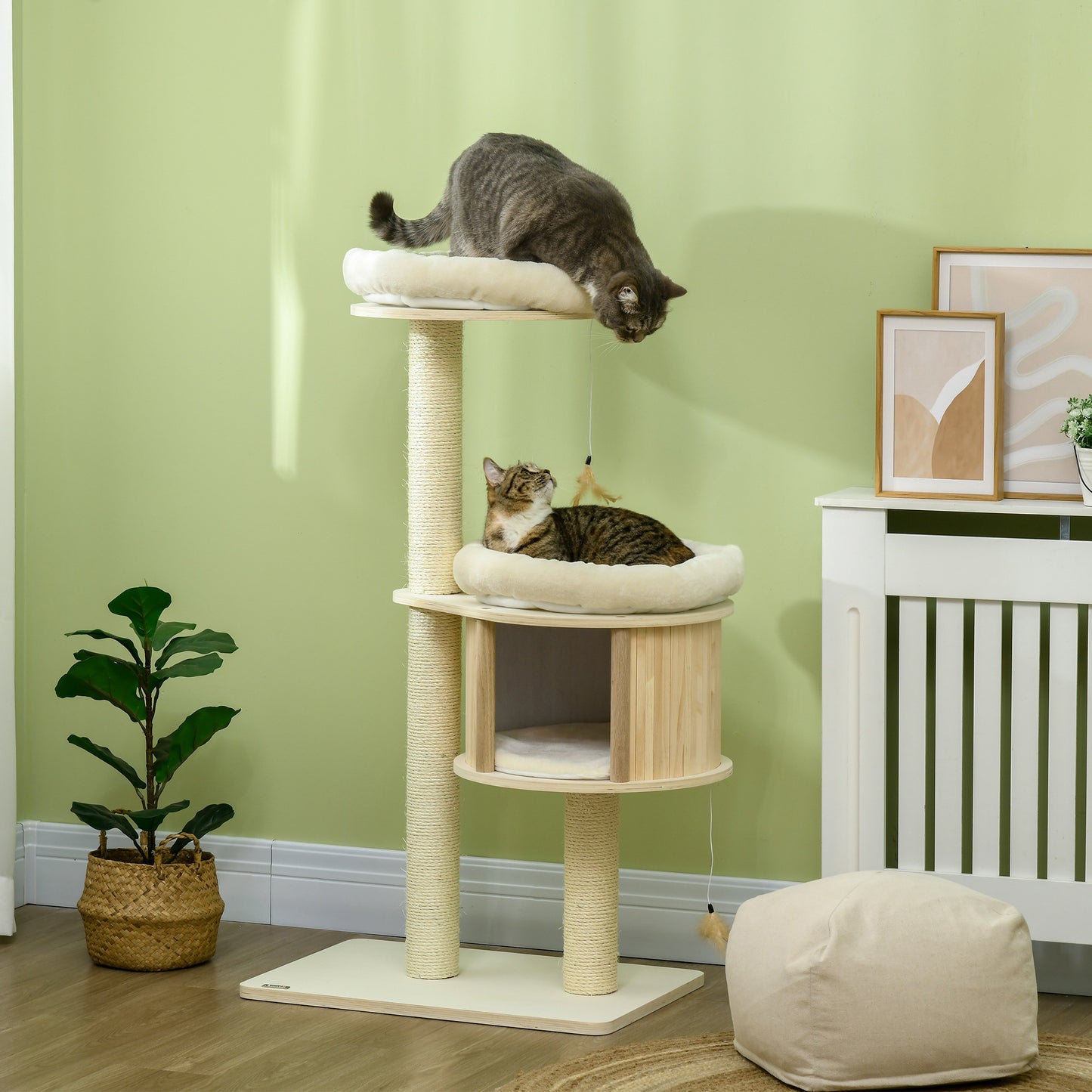 PawHut 3-Level Cat Tree with Sisal Scratching Posts, Fun Cat Badminton Toy for Playing, Soft Cushions, & Play Areas