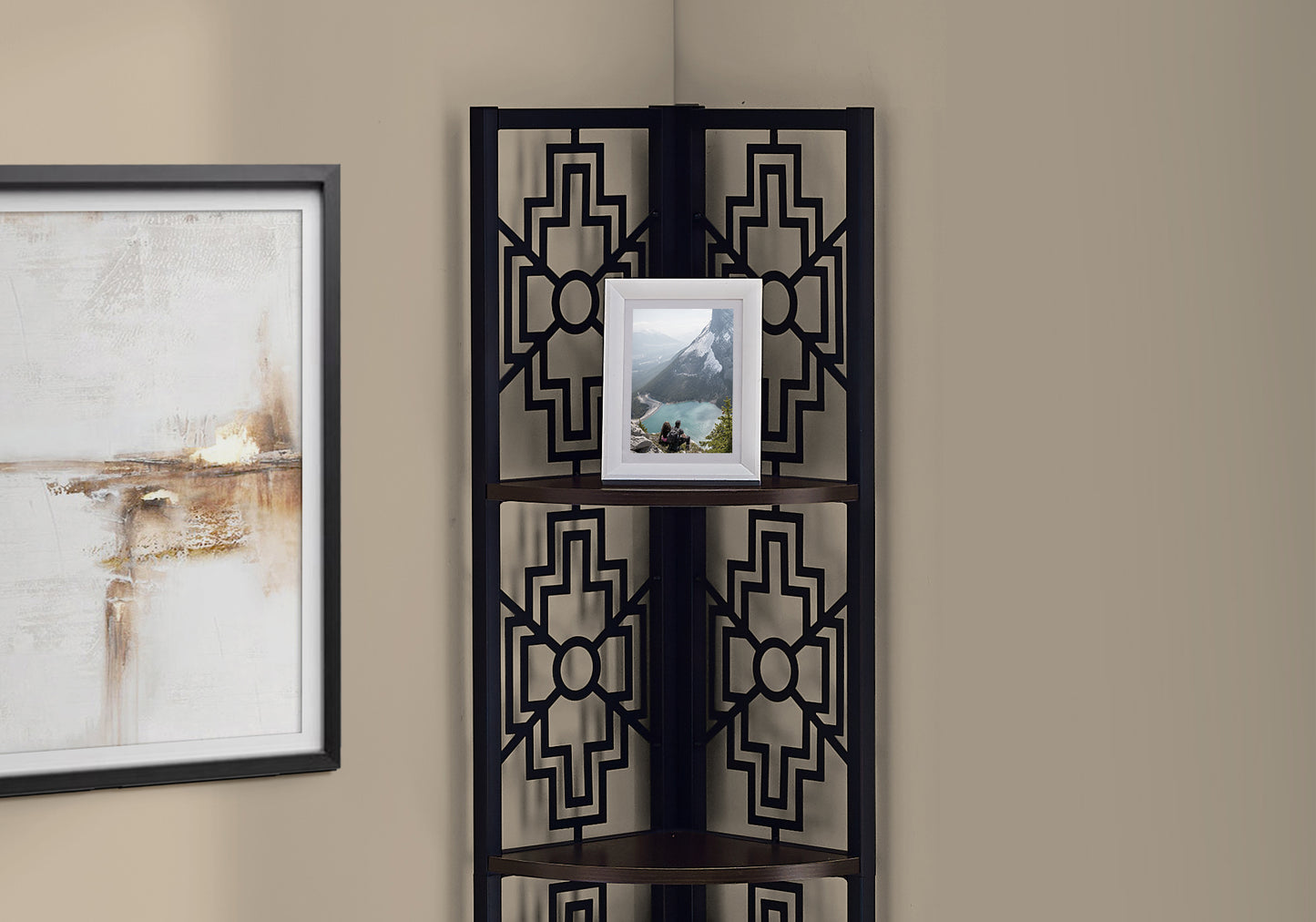 Bookshelf, Bookcase, Etagere, Corner, 4 Tier, 62"h, Office, Bedroom, Brown Laminate, Black Metal, Transitional