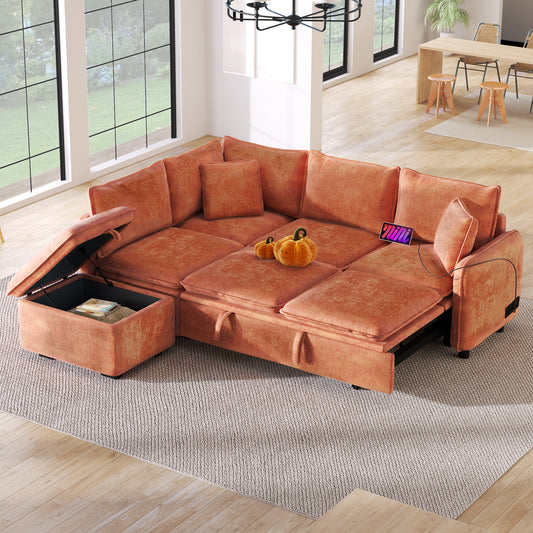82.67"Convertible Sofa Bed Sectional Sofa Sleeper L-shaped Sofa with a Storage Ottoman,Two Pillows, Two Power Sockets and Two USB Ports for Living Room, Orange