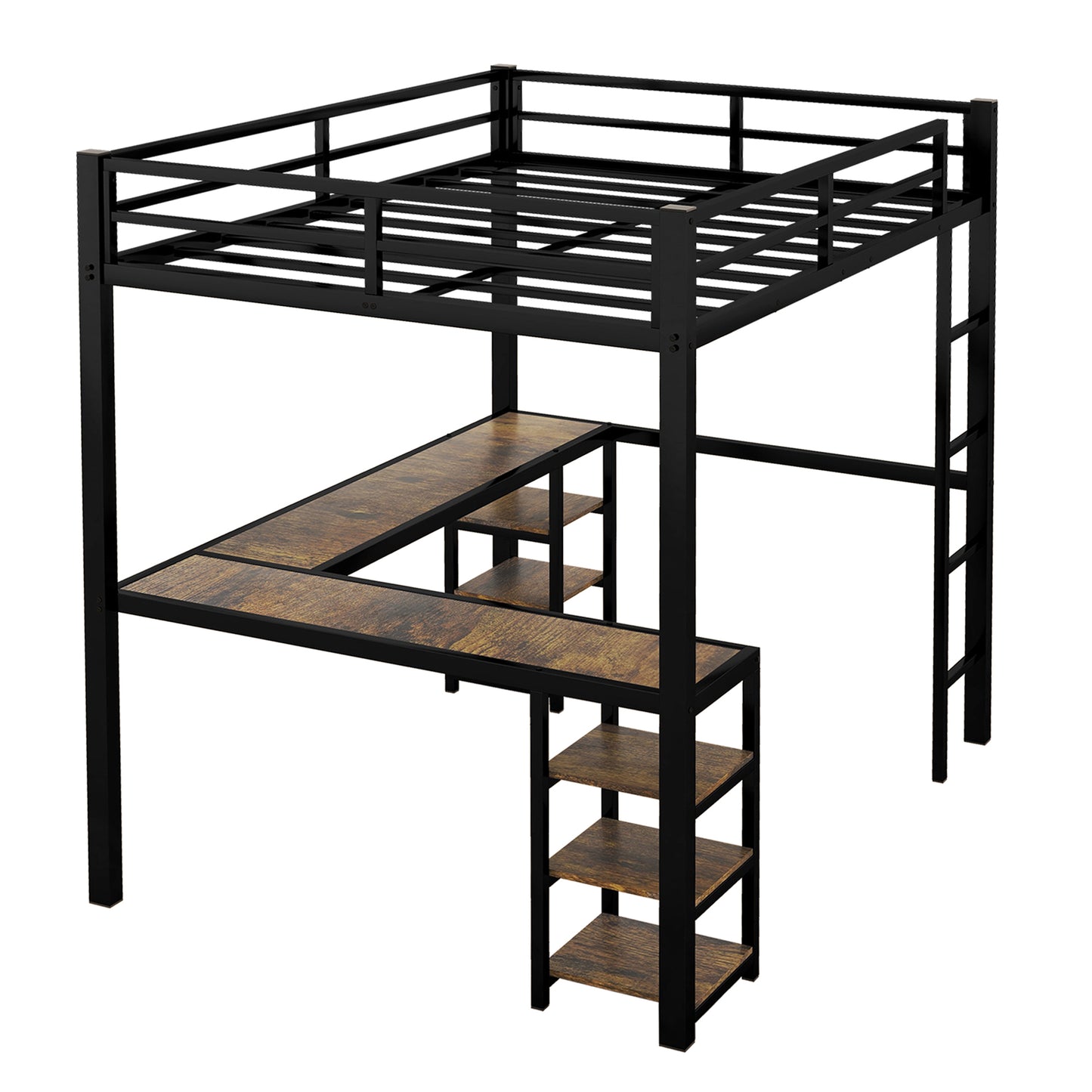 Full Metal Loft Bed with Desk and Shelves, Loft Bed with Ladder and Guardrails, Loft Bed Frame for Bedroom, Black (Old SKU: W1307S00018)