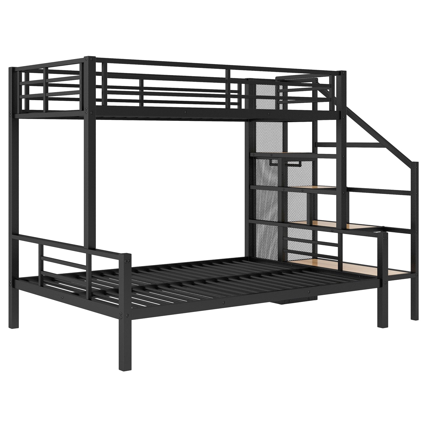 Twin over Full Metal Bunk Bed with Storage Staircase and Open Wardrobe in Black, MDF+Metal, 91.3''L x 56.4''W x 65''H