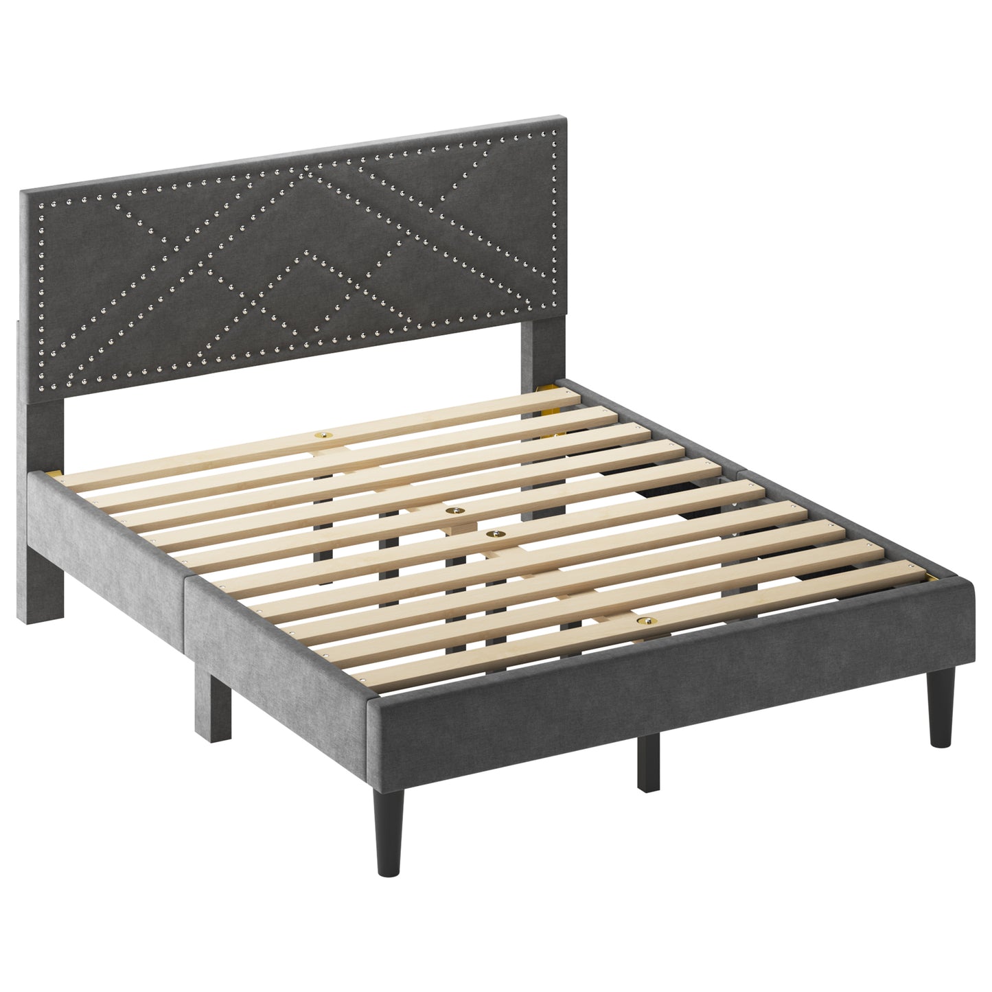 Queen Size Bed Frame with Storage Headboard, Metal Platform Bed No Noise, Mattress Foundation Strong Metal Slats Support No Box Spring Needed