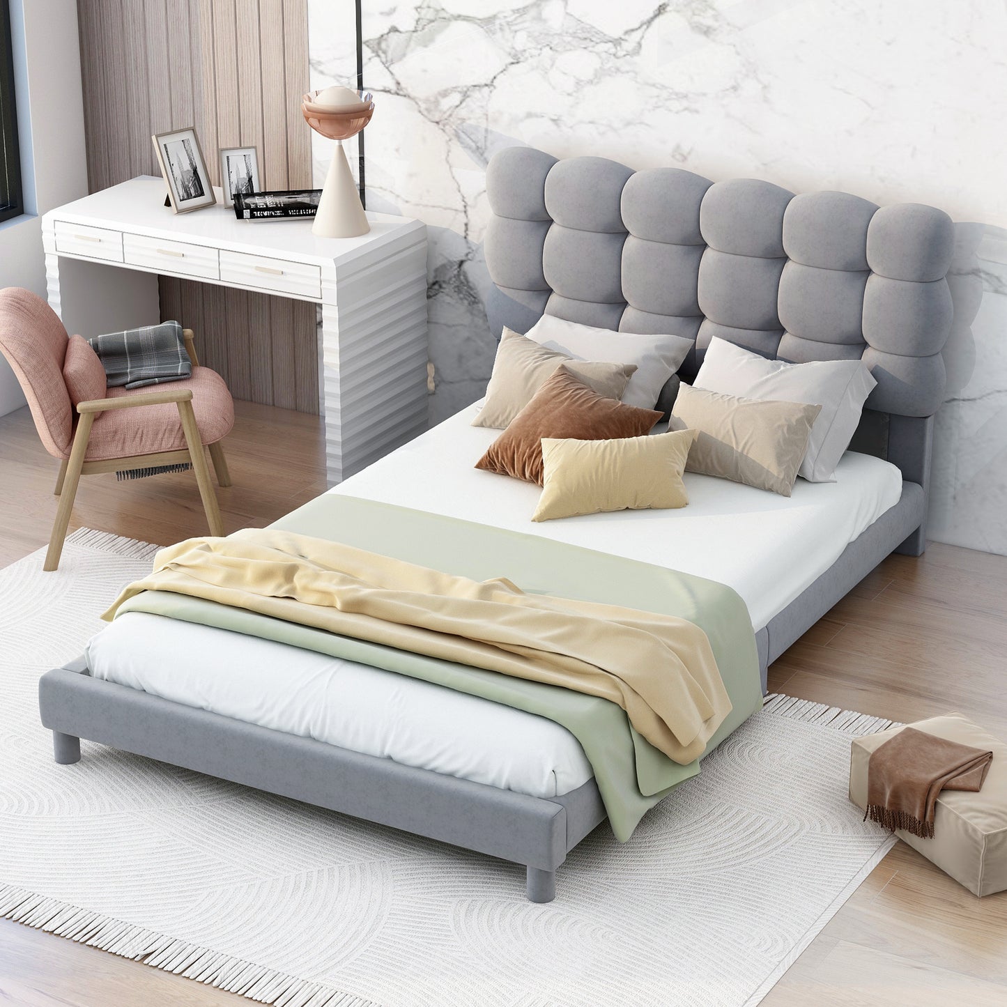 Twin Size Upholstered Platform Bed with Soft Headboard,Gray