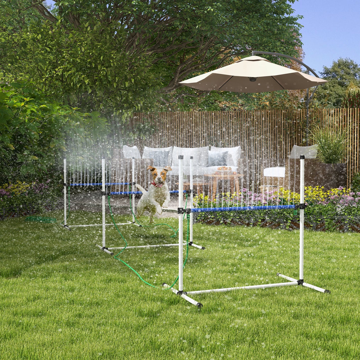 PawHut 3 Piece Dog Agility Training Equipment Set, Dog Agility Set with Adjustable Height Hurdles, Spray Water Tube, Whistle, Carry Bag, White