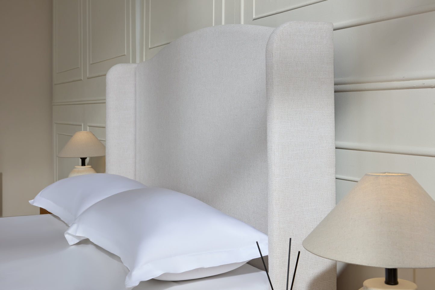 Hannah Upholstered Wingback Bed Size King / Tall 54" Headboard Upholstered King Bed / Premium Textured Canvas Chenille Look Ivory / Minimalist Designs
/ No Box Spring Needed / Easy Assembly / King