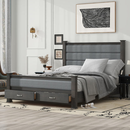 Queen Size Wood Frame Platform Bed with Upholstered Headboard, Footboard and 2 Drawers, Antique Gray