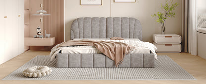 Queen Size Upholstered Platform Bed with Thick Fabric, Polyester, Gray