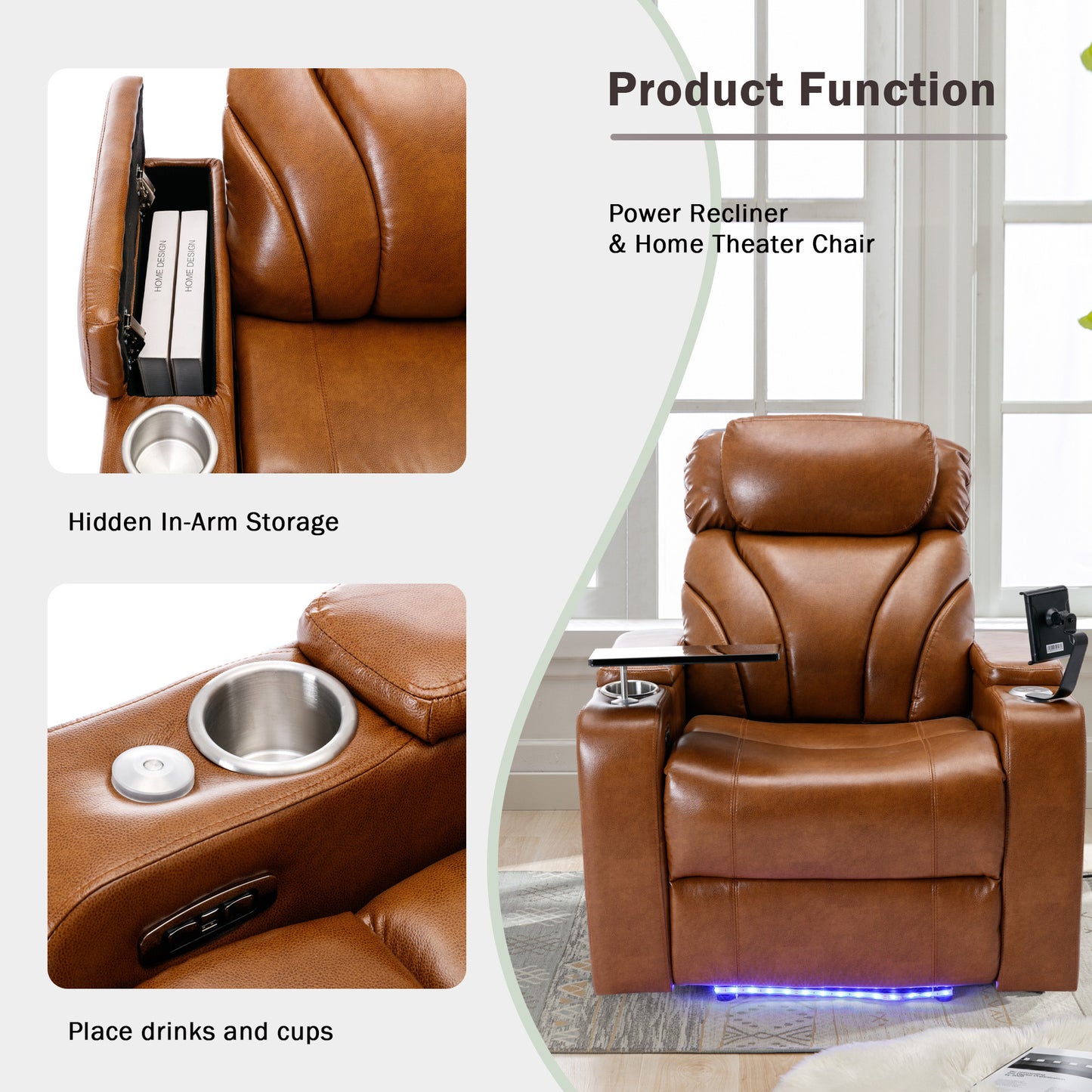 Power Motion Recliner Electric Power Recliner with USB Charging Port, Hidden Arm Storage, Convenient Cup Holder and Bluetooth Speaker,  Light  Brown(Old Sku:SG000800AAS)