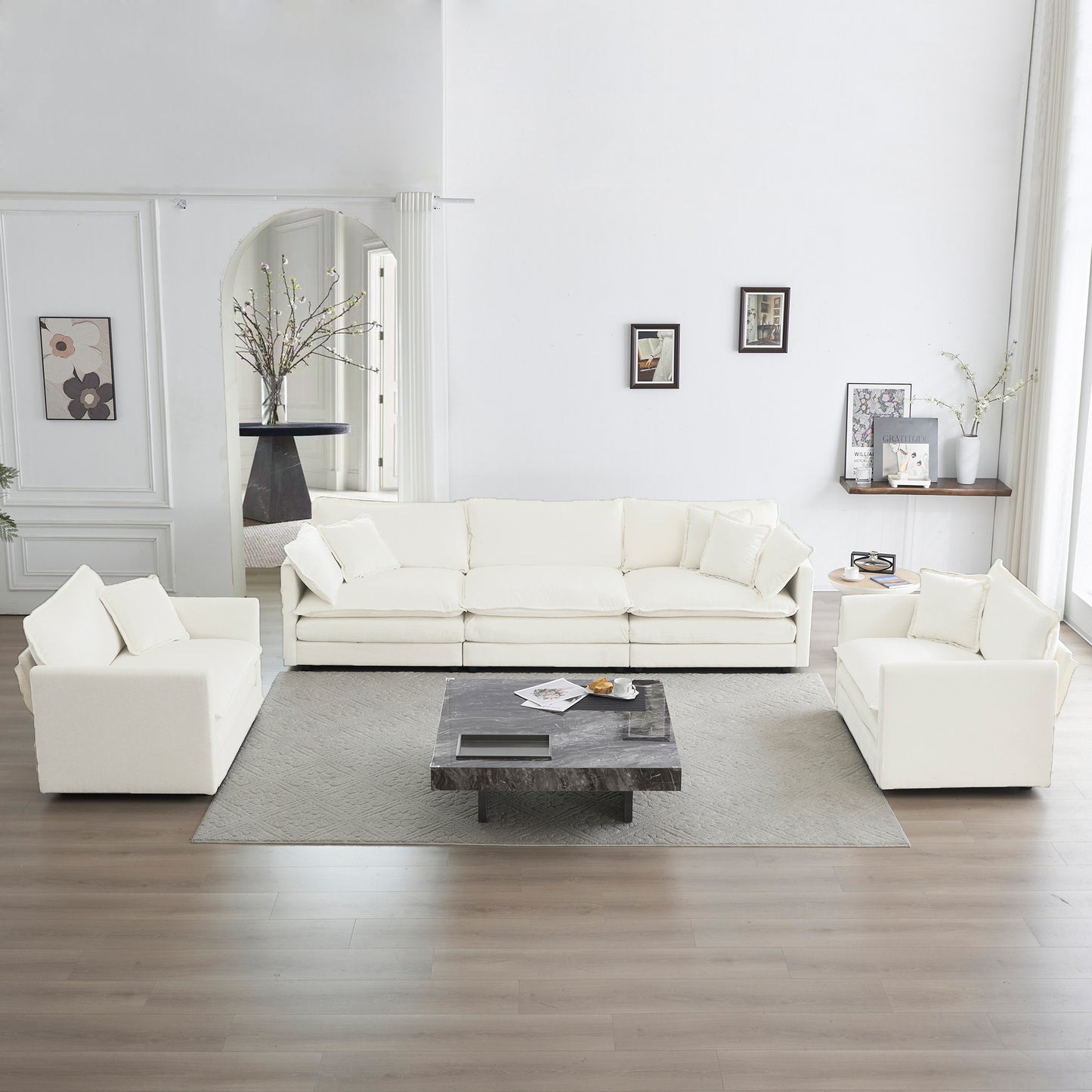 Sofa Set of 3, 1+1+3 Seats Living Room Sofa Set, Accent Chair, Loveseat, and Three-Seat Sofa Modern Style Round Arms 3 Piece Sofa Set, White