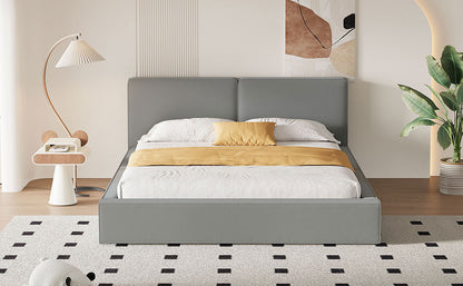 Queen Size Upholstered Platform Bed with Velvet Fabric, Grounded Bed with Solid Frame, Gray