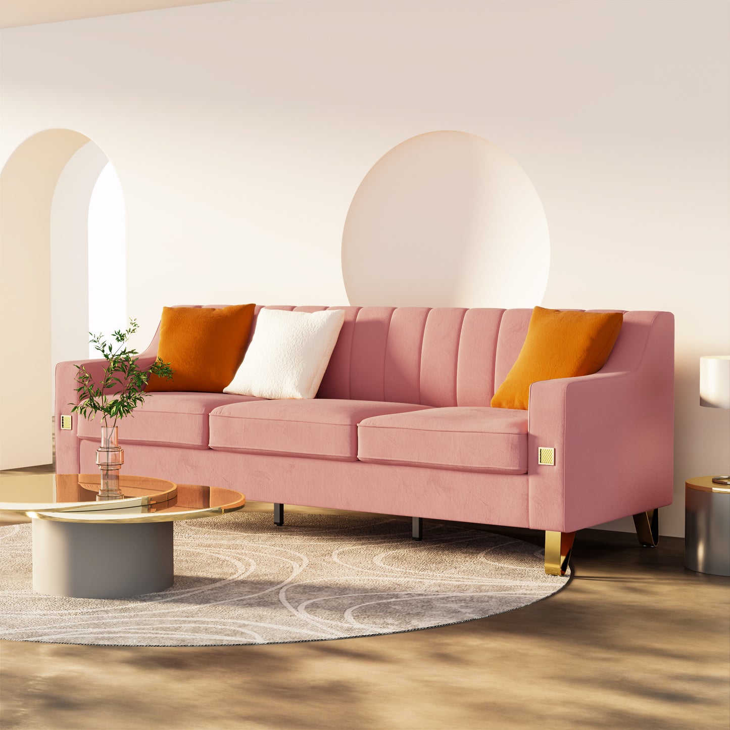 FX-P85-3S-PK (3 SEATS SOFA) Luxury pink Velvet Sofa with Gold Accents - Modern 3-Seat Couch with Plush Cushions, Perfect for Living Room and Office Decor(TEMU Suitable)