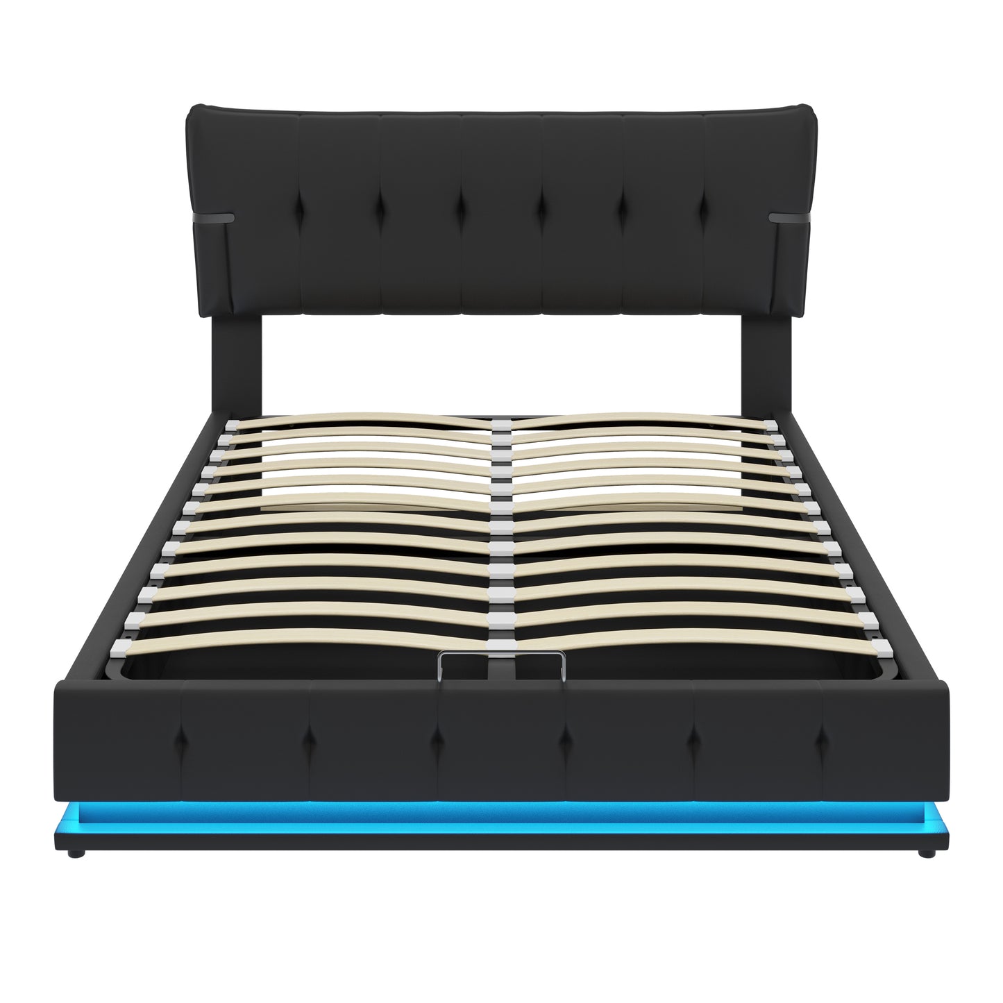 Upholstered Platform Queen Size Hydraulic Storage Bed, Lift Up Storage Bed with RGB LED Light, PU Leather Headboard and Footboard, No Box Spring Needed, Black