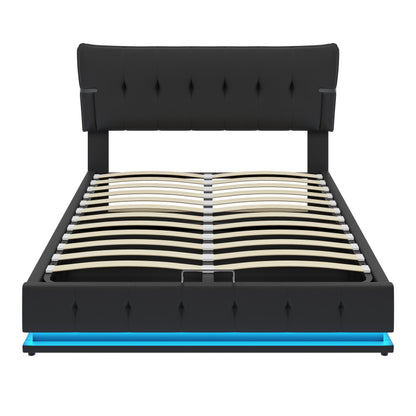 Upholstered Platform Queen Size Hydraulic Storage Bed, Lift Up Storage Bed with RGB LED Light, PU Leather Headboard and Footboard, No Box Spring Needed, Black