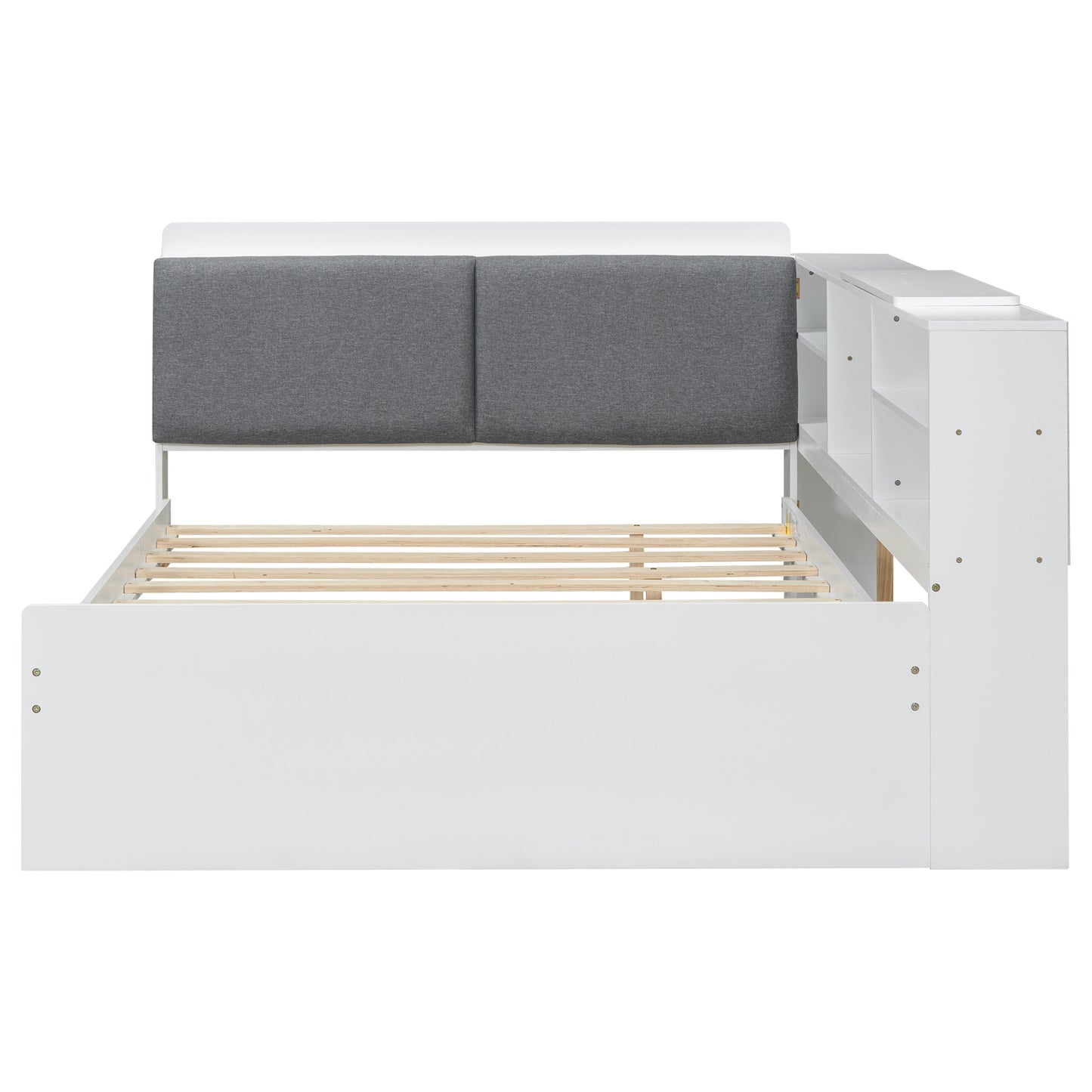 Wood Full Size platform bed with Trundle, Shelves and Storage Headboard, White