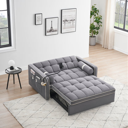 Sleeper Sofa Couch w/Pull Out Bed, 55" Modern Velvet Convertible Sleeper Sofa Bed, Small Love seat Sofa Bed w/Pillows & Side Pockets for Small Space, Living Room, Apartment,Gray