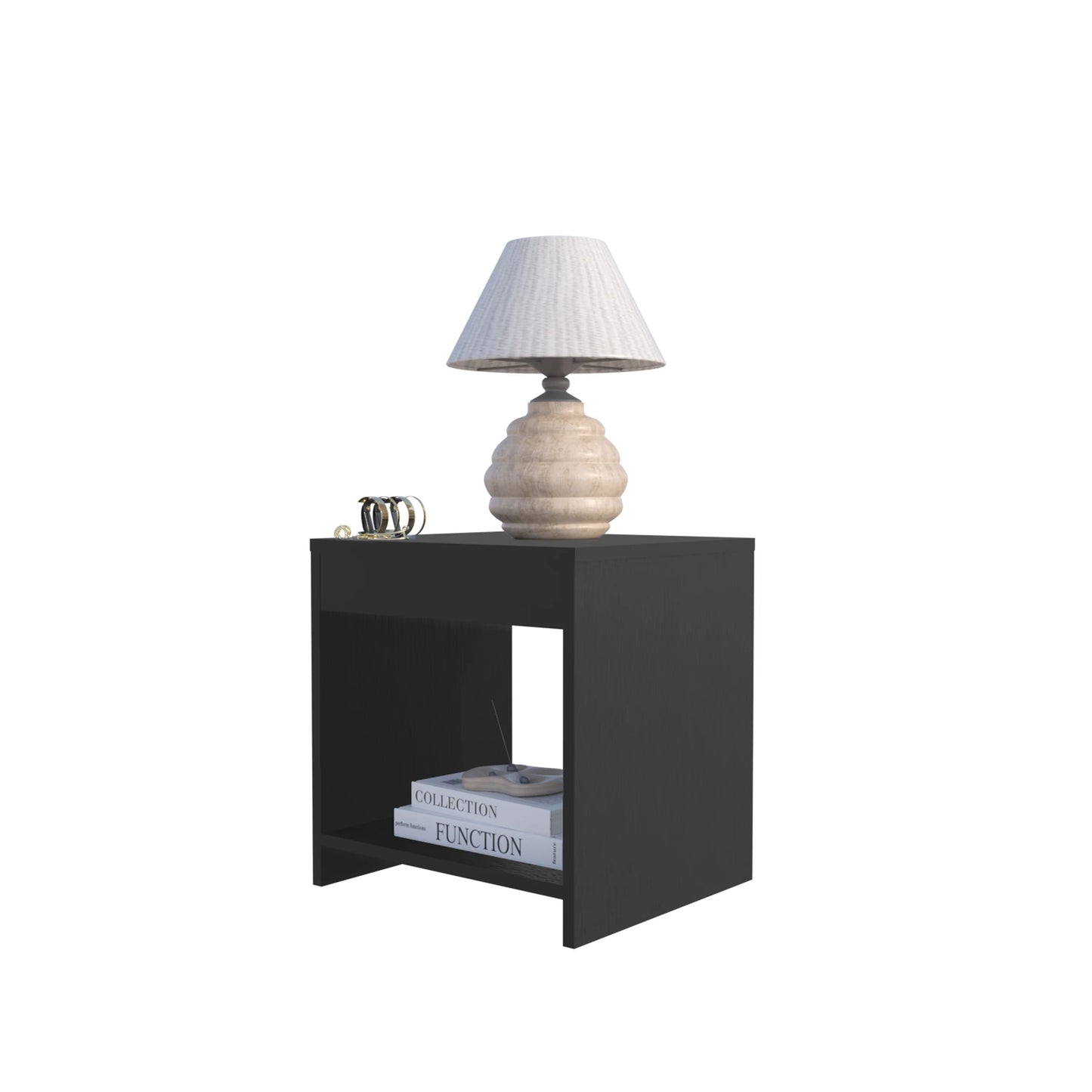 Black Nightstand with Open Storage