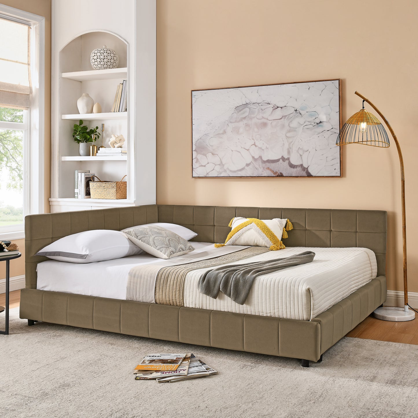 Queen Size Upholstered Tufted Bed Frame, Sofa Bed Frame with Comfortable Backrest and Armrests, Queen Size Bed for Bedroom, Living Room,Velvet, brown(85.5''*64.5''*30.5'')