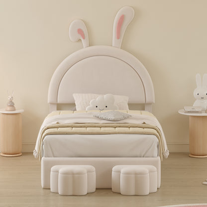 Twin size Upholstered Rabbit-Shape Bed with 2 Storage Stools, Velvet Platform Bed with Cartoon Ears Shaped Headboard, White