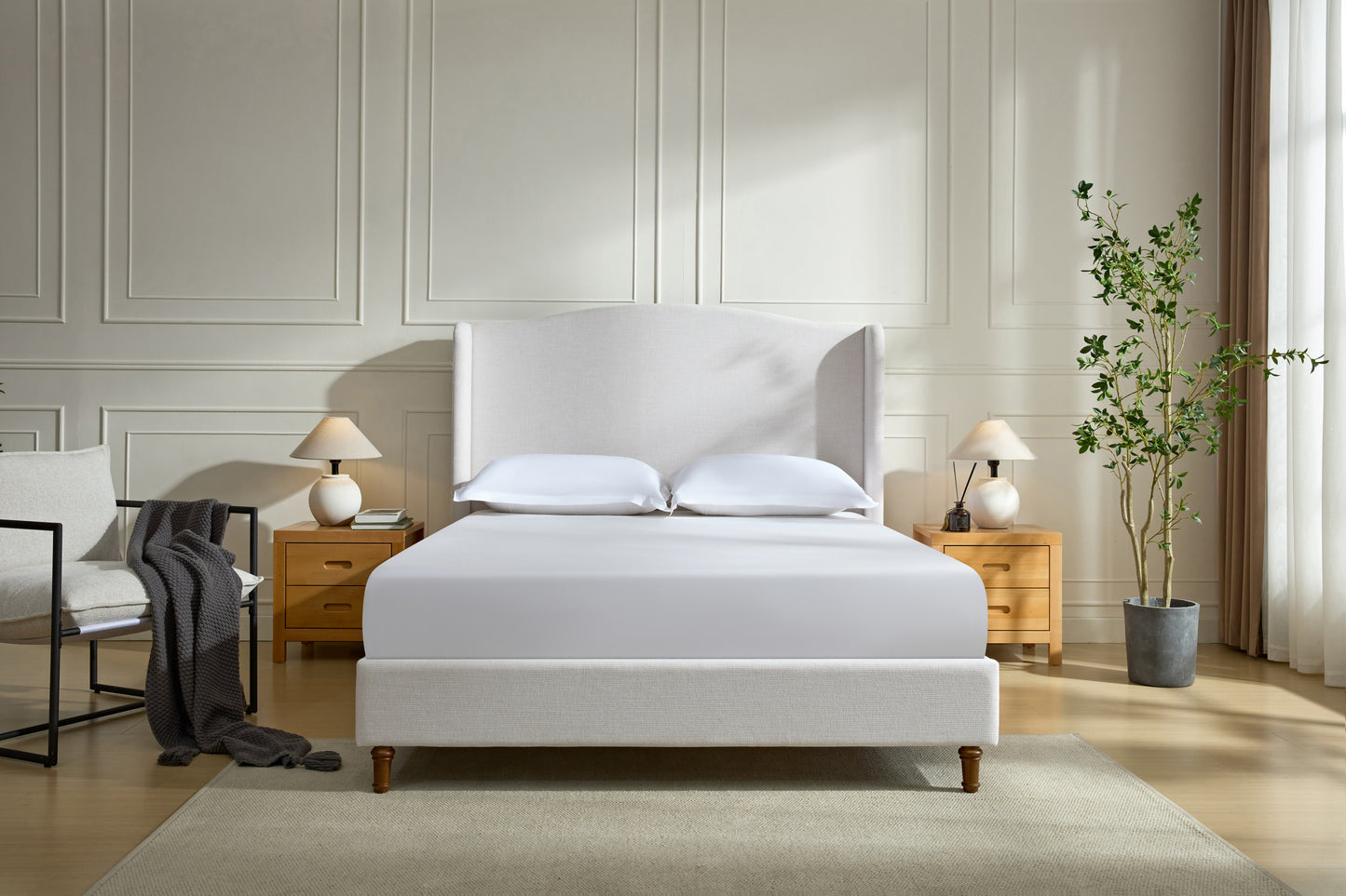 Hannah Upholstered Wingback Bed Size King / Tall 54" Headboard Upholstered King Bed / Premium Textured Canvas Chenille Look Ivory / Minimalist Designs
/ No Box Spring Needed / Easy Assembly / King