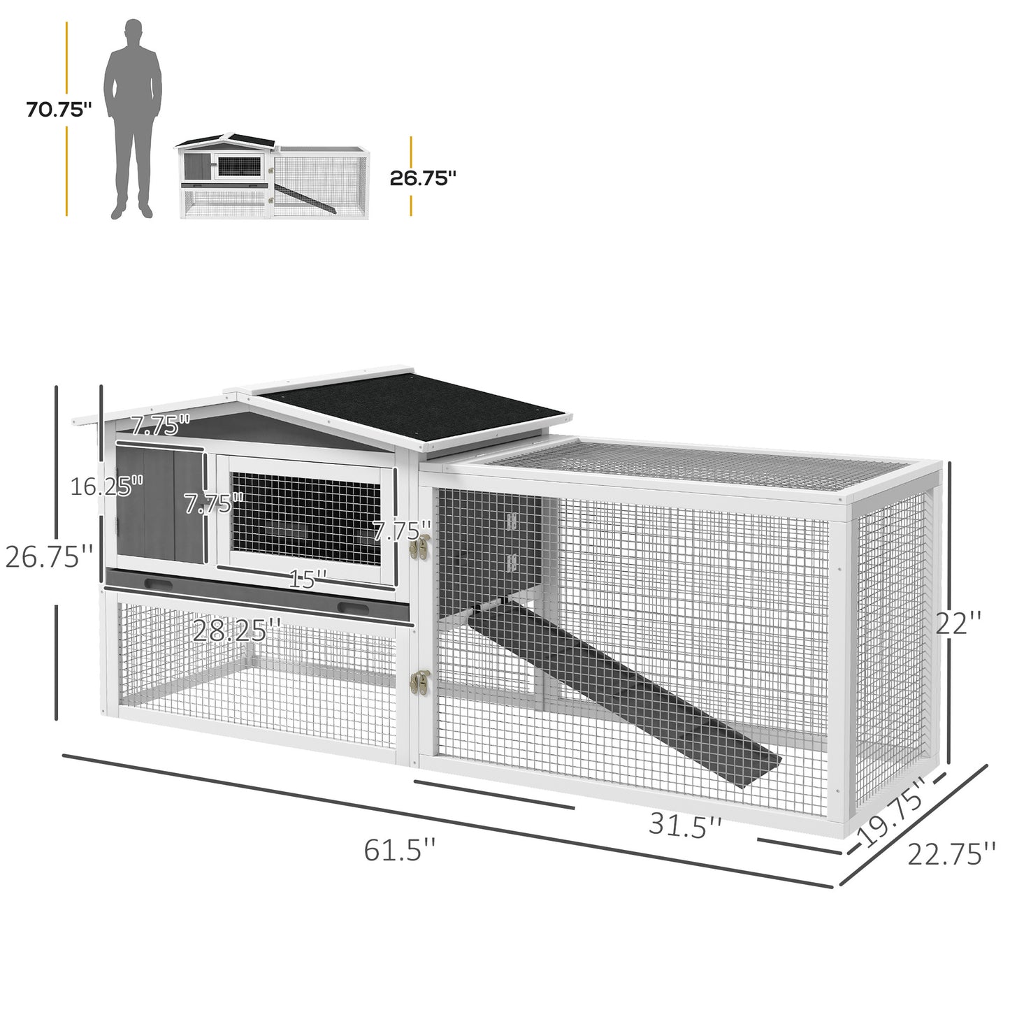 PawHut Rabbit Hutch 2-Story Bunny Cage Small Animal House with Slide Out Tray, Detachable Run, for Indoor Outdoor, 61.5" x 23" x 27", Light Gray