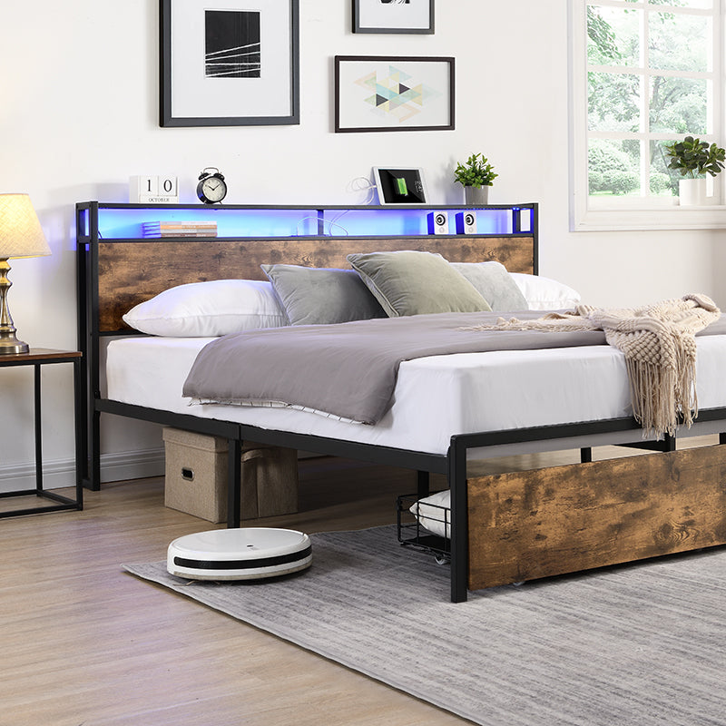 King Bed Frame, Storage Headboard with Charging Station, Solid and Stable, Noise Free, No Box Spring Needed, Easy Assembly