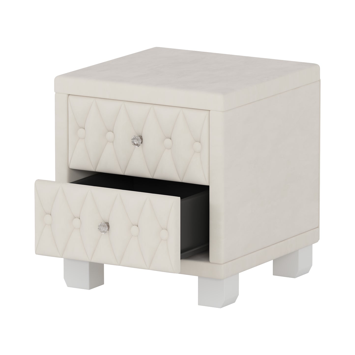 Elegant Velvet Nightstand with 2 Drawers and Crystal Handle, Storage Bedside Table with Button-Tufted, Beige