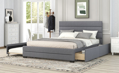 Queen Upholstered Platform Bed with Twin Size Trundle and Two Drawers,Grey