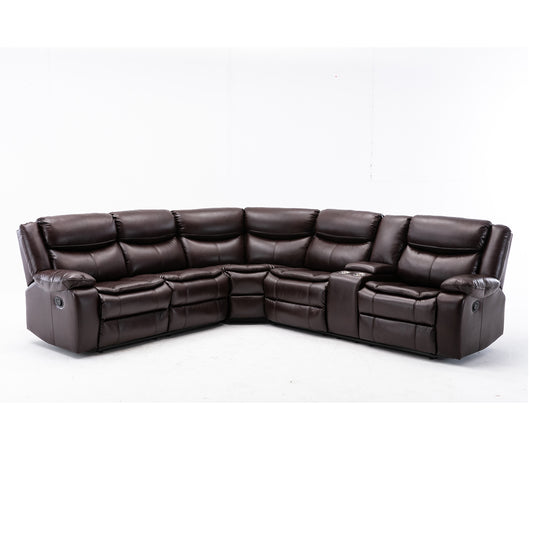 L Shape Breath Leather Manual Reclining Sectional Sofa Set, Brown