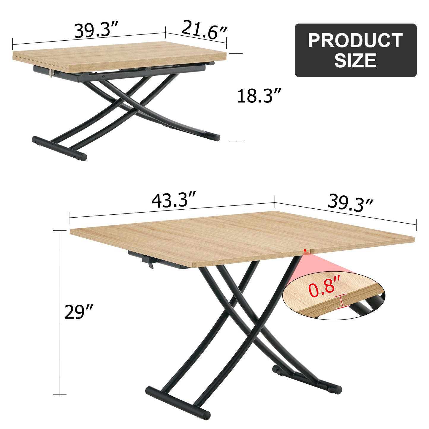 Modern minimalist multifunctional lift table with 0.8-inch MFC tabletop and black metal legs, can be used as dressing table, coffee table, dining table, and office desk.  LT-10055