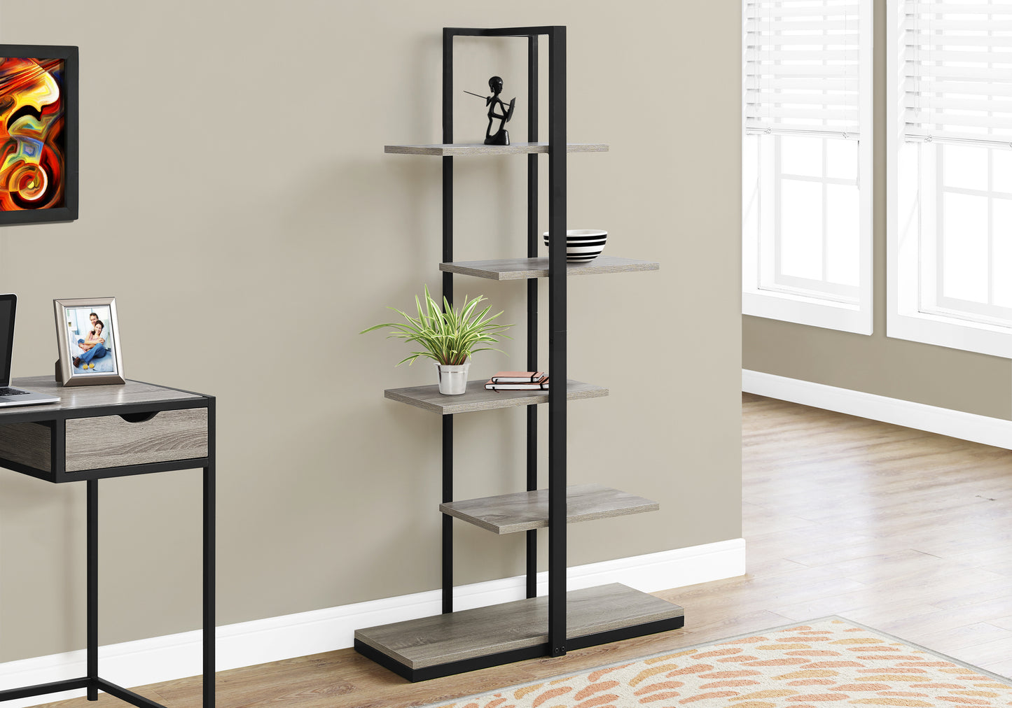 Bookshelf, Bookcase, Etagere, 5 Tier, 60"h, Office, Bedroom, Brown Laminate, Black Metal, Contemporary, Modern