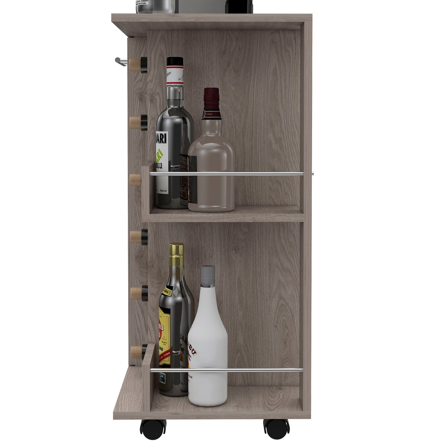 Bar Cart, Two External Shelves, Four Casters, Six Built-in Wine Rack, Single Door Cabinet -Light Gray