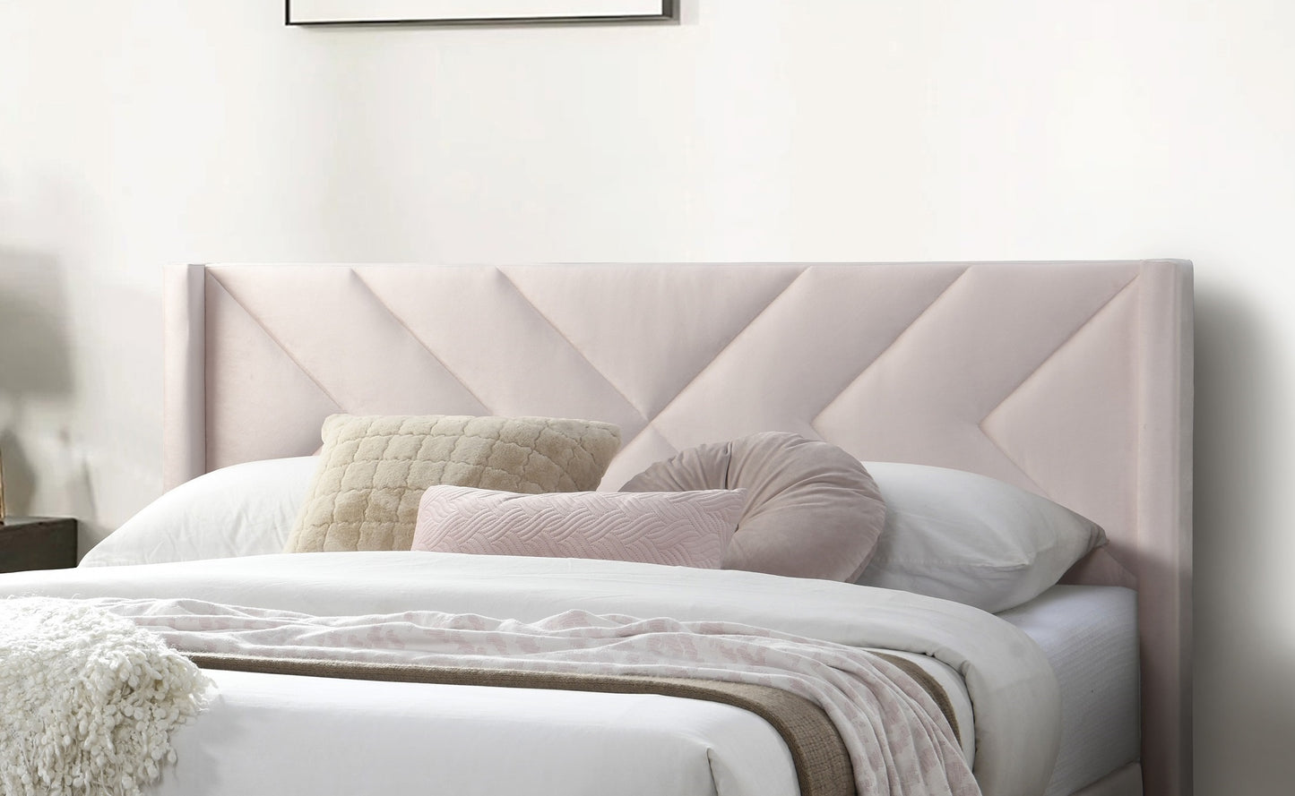 Elegant Modern Light Pink Velvet Upholstered Queen Size Bed Clean Lines Design Headboard 1pc Bedframe