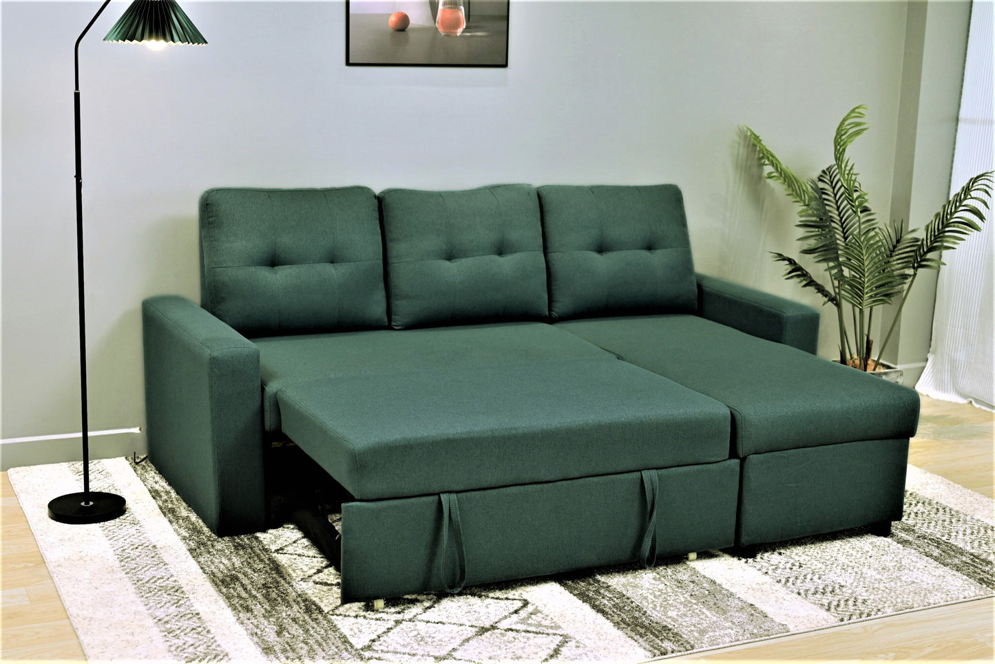 Container Furniture Direct Convertible L-Shaped Sectional Sleeper Sofa Bed, Stylish Apartment Furniture, Saving Pull Out Couch for Small Spaces and Living Rooms, Bluenish Green