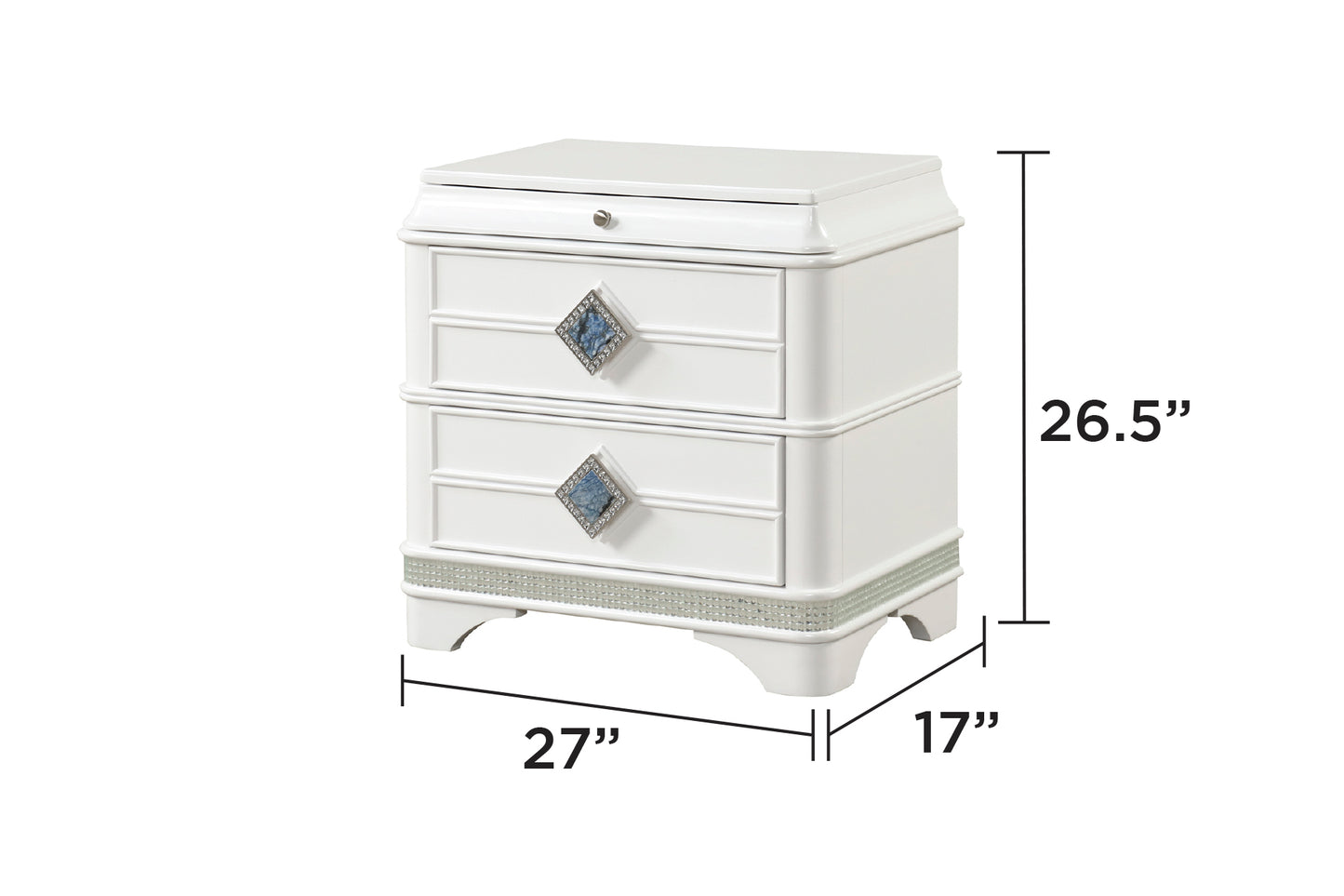Laguna Modern Style 2-Drawer Night stand Made with Wood, Hidden Jewlry Drawer and Crystal Accents in White