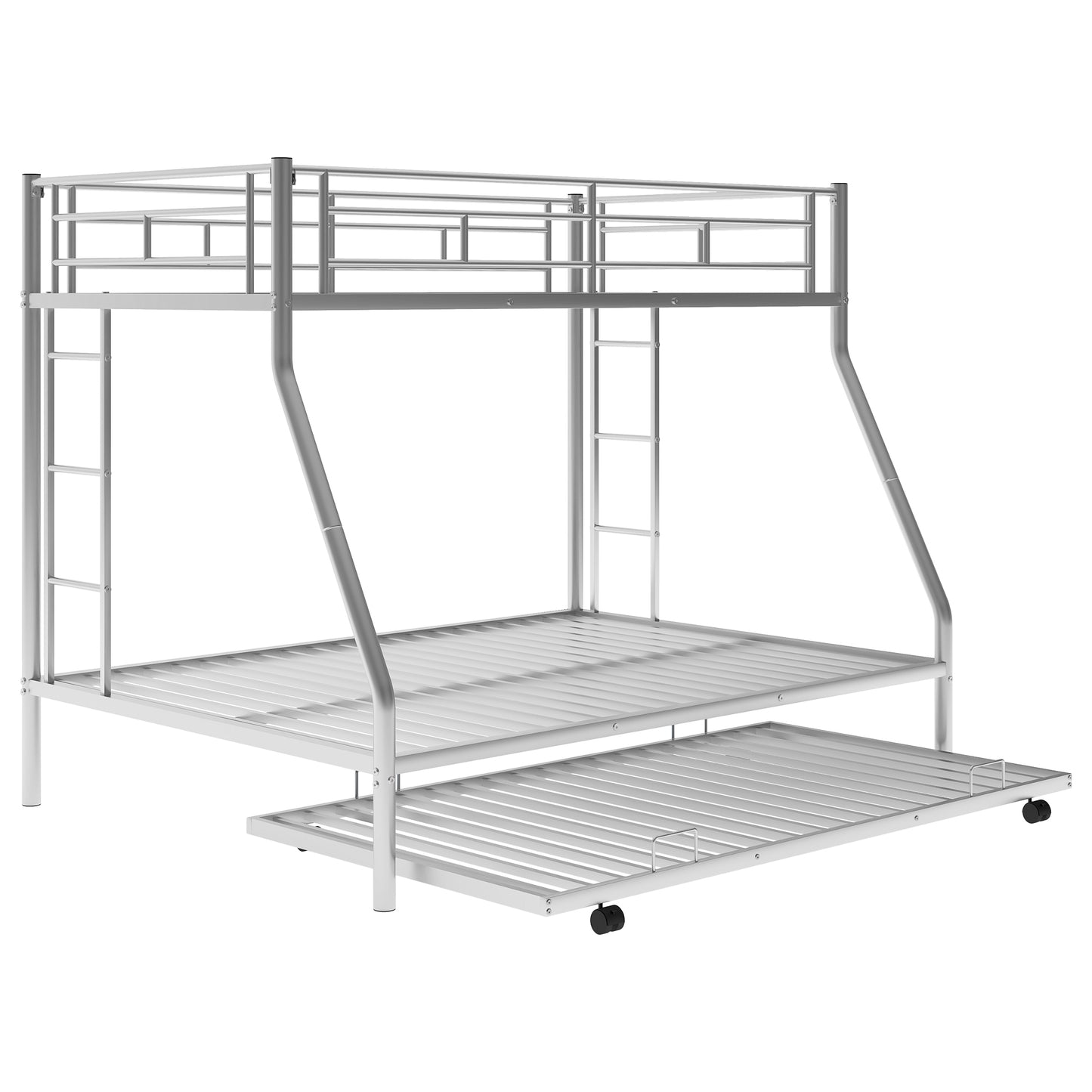 Twin Over Full Bunk Bed with Sturdy Steel Frame, Twin Trundle, Two-Side Ladders, Silver