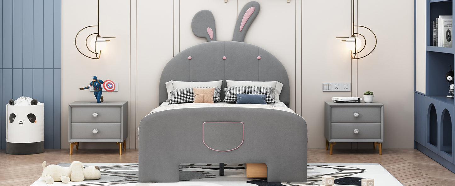 Twin Size Velvet Platform Bed with Rabbit-Shaped Headboard, with Drawers, with Bed-End Storage Pocket, Gray