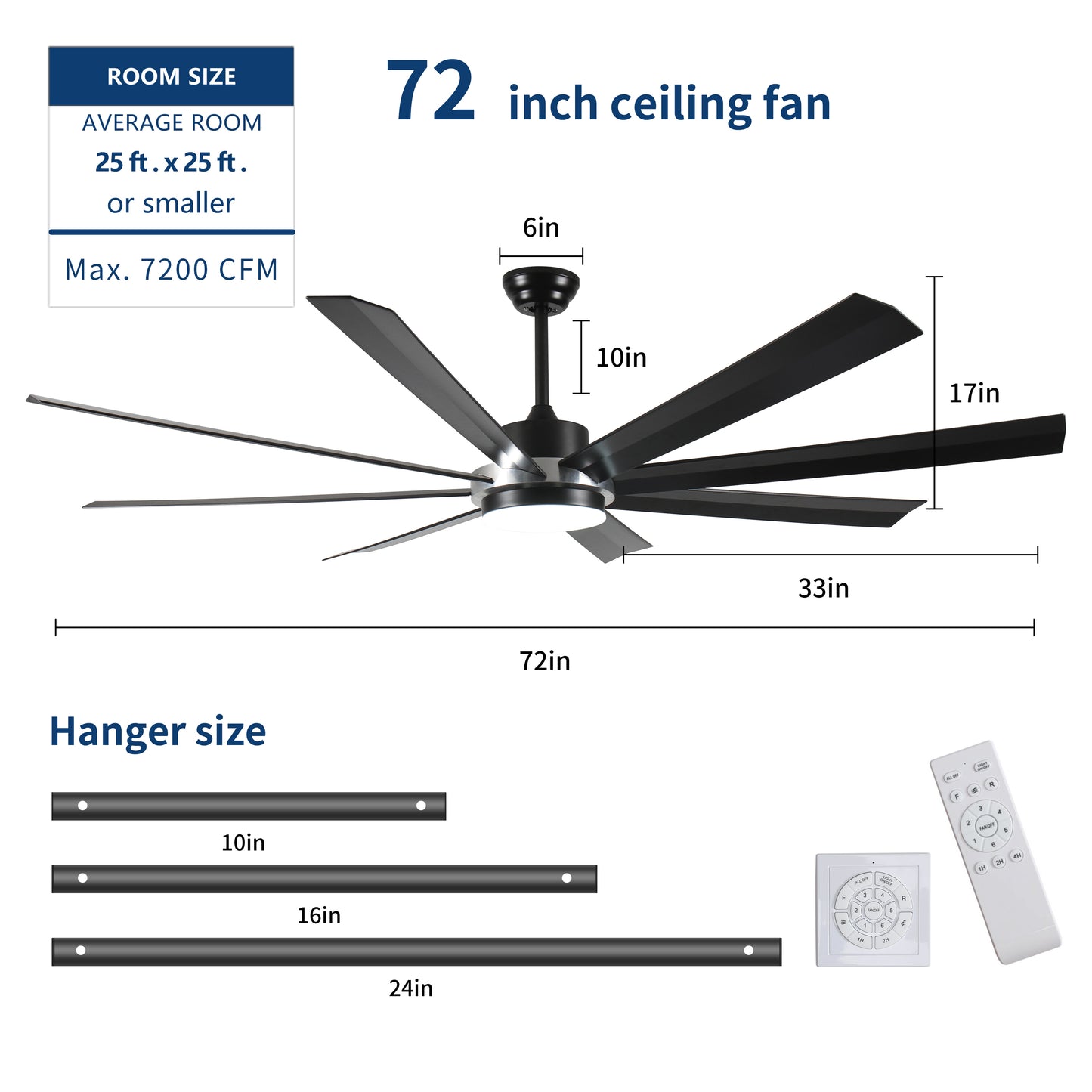 72 Inch Industrial DC Motor Ceiling Fan with light, Large Ceiling Fan with 8 Reversible Blades, 3 Downrods, 6-Speed Remote Control, Home or Commercial Ceiling Fans for Porch/Garage/Shop, Black