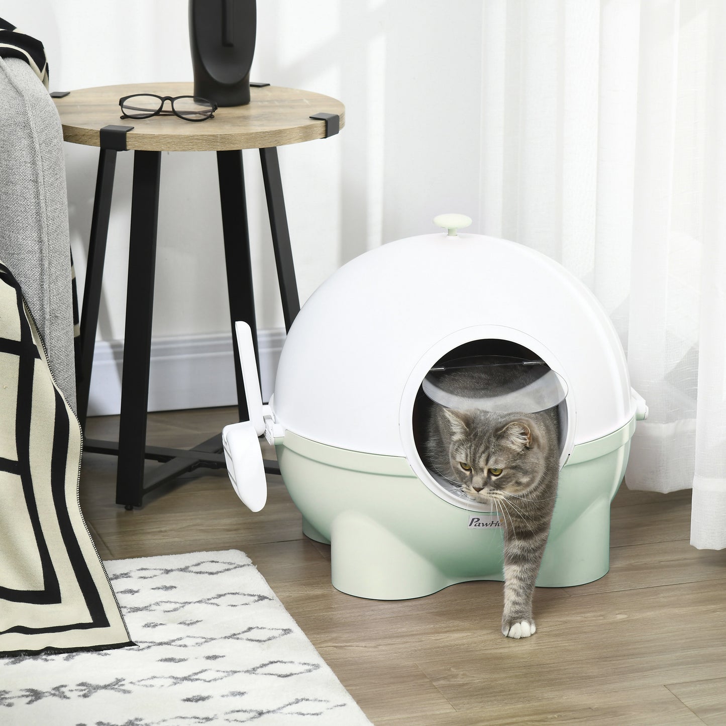 PawHut Hooded Cat Litter Box, Large Kitty Litter Pan with Lid, Scoop, Leaking Sand Pedal, Top Handle, Light Green