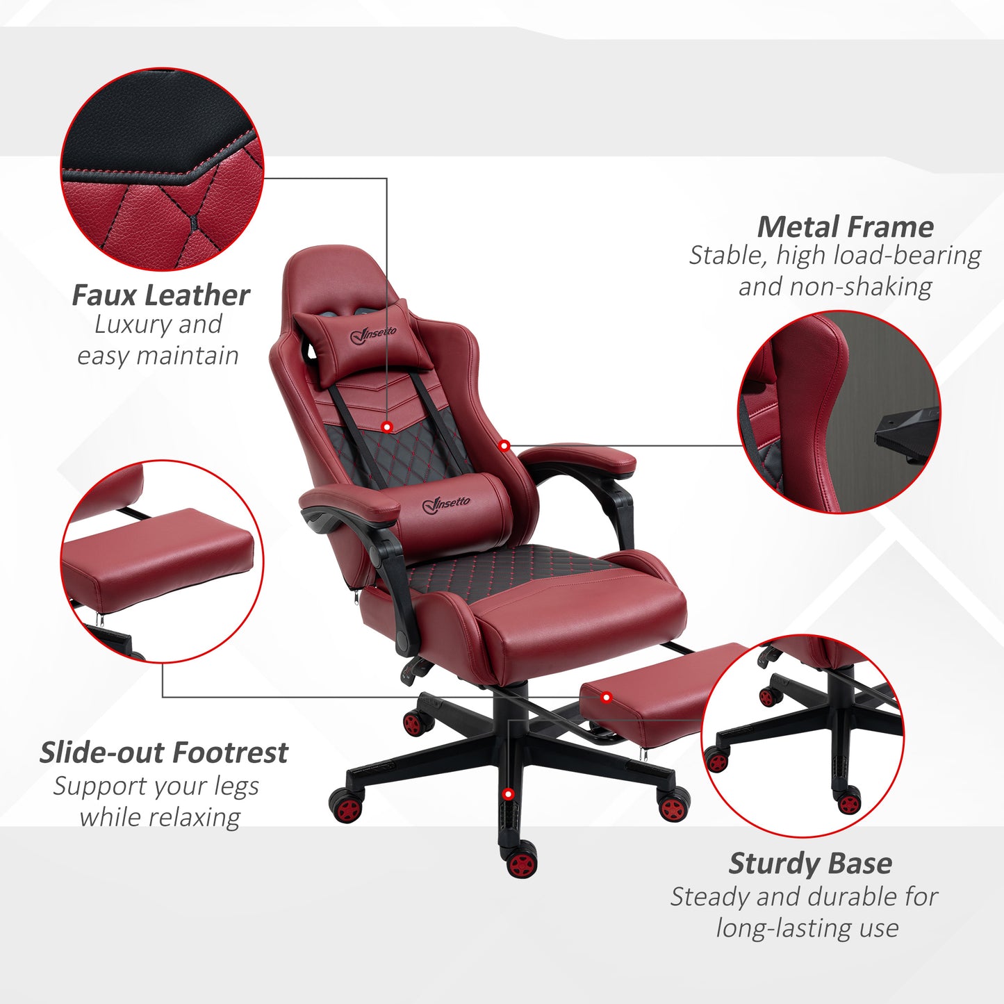 Vinsetto Racing Gaming Chair Diamond PU Leather Office Gamer Chair High Back Swivel Recliner with Footrest, Lumbar Support, Adjustable Height, Red