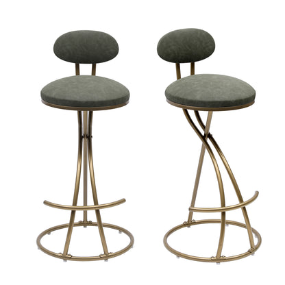 Round Bar Stool Upholstered Dining Stools for Kitchen Counter Set of 2 Modern Dining Chairs with Backrest & Footrest  (Gold & Green)