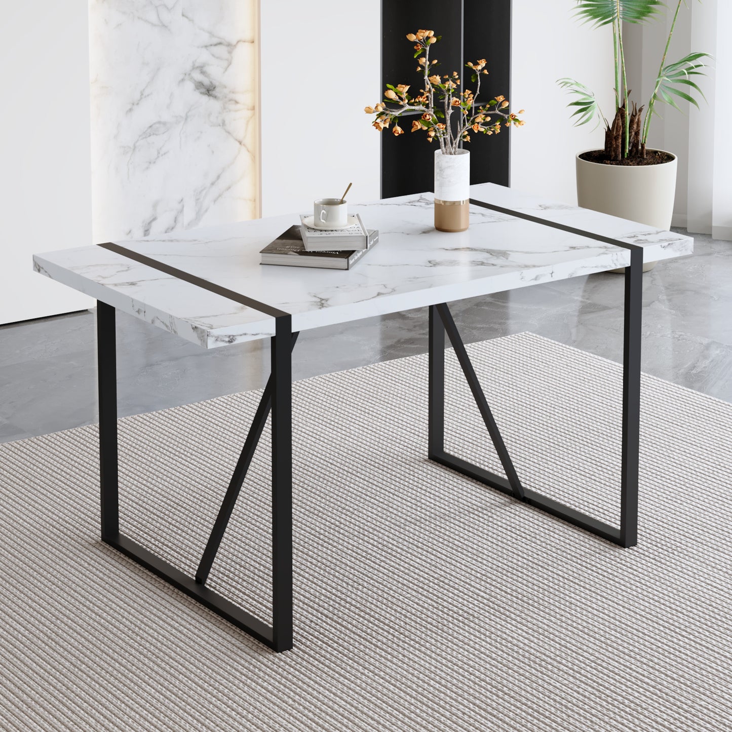 Industrial Rectangular MDF White Pattern Dining Table for 4-6 people with 1.5 inch thick MDF top and black metal legs for desks, kitchens, patios, dining rooms