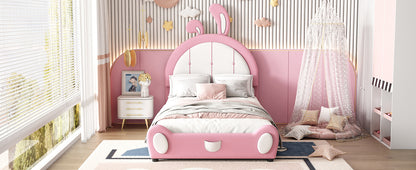 Twin Size Upholstered Platform Bed with Rabbit Shaped Headboard, Pink