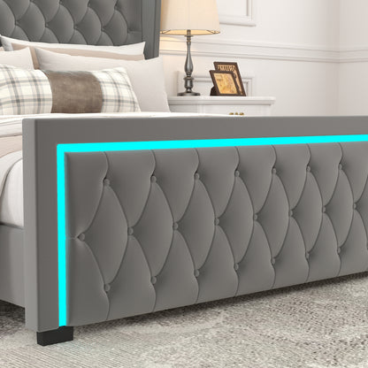 Queen Platform Bed Frame With High headboard, Velvet Upholstered Bed with Deep Tufted Buttons, Adjustable Colorful LED Light Decorative Headboard, Wide Wingbacks,GREY