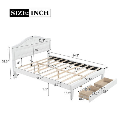 Queen Size Upholstered Platform Bed with Tufted Headboard, LED and 2 Drawers, White