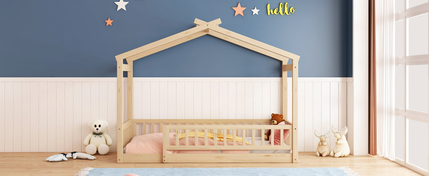 Twin Size Wood Bed House Bed Frame with Fence, for Kids, Teens, Girls, Boys,Natural