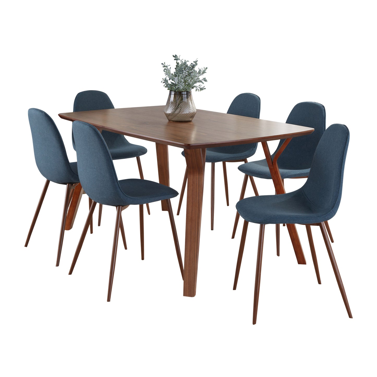 Folia Pebble Mid-Century Modern Dining Set in Walnut Wood, Walnut Metal and Blue Fabric by LumiSource - 7 Piece