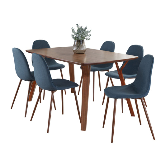 Folia Pebble Mid-Century Modern Dining Set in Walnut Wood, Walnut Metal and Blue Fabric by LumiSource - 7 Piece