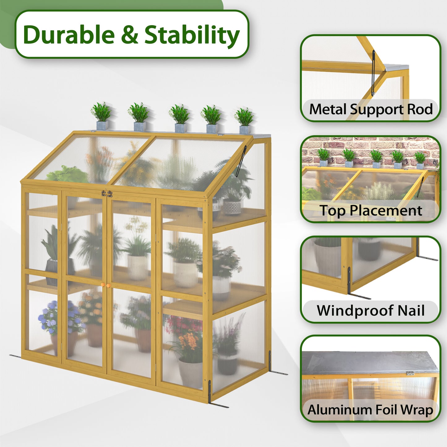 Greenhouse, Wooden Greenhouse Polycarbonate Garden Shed for Plants,Wooden Garden Greenhouse,Greenhouse Wooden Cold Frame Greenhouse,Keep Plant Warm Enough