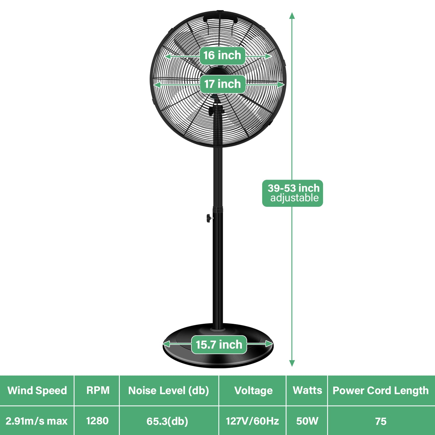 16 Inch High Velocity Stand Fan, Adjustable Heights, 75°Oscillating, Low Noise, Quality Made Fan with 3 Settings Speeds, Heavy Duty Metal for Industrial, Commercial, Residential, Color: Black